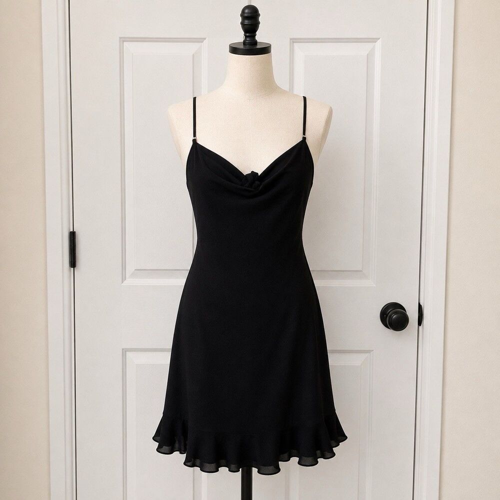 Lucy In The Sky Black Slip Mini Spaghetti Straps Flutter Hem Babydoll Med Dress